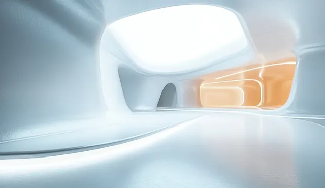 A minimalist futuristic corridor with smooth white walls and soft glowing lights at the end.
