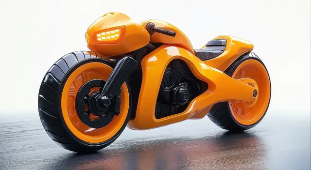 Orange futuristic sport motorcycle with oversized tires and glowing headlight displayed on a glossy floor under soft light.
