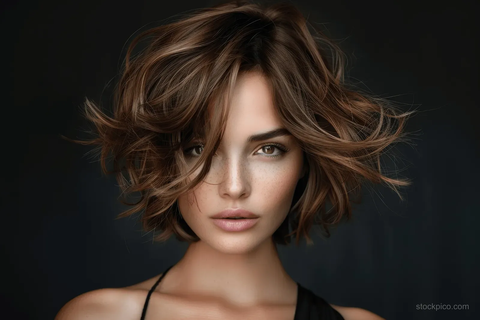 Woman posing with a textured wavy bob haircut against a dark studio background.