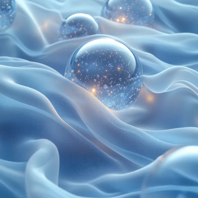 Textured white fabric folds with translucent glowing blue spheres suspended in the creases.