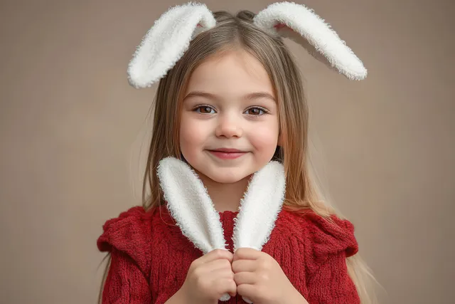 Smiling young girl in red sweater holding fluffy white bunny ear headband, studio portrait