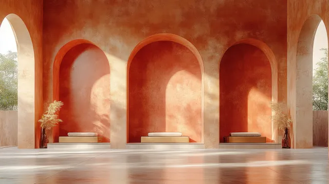 Minimalist corridor interior with arched terracotta walls, wooden panel accents, and warm light reflecting on the floor.