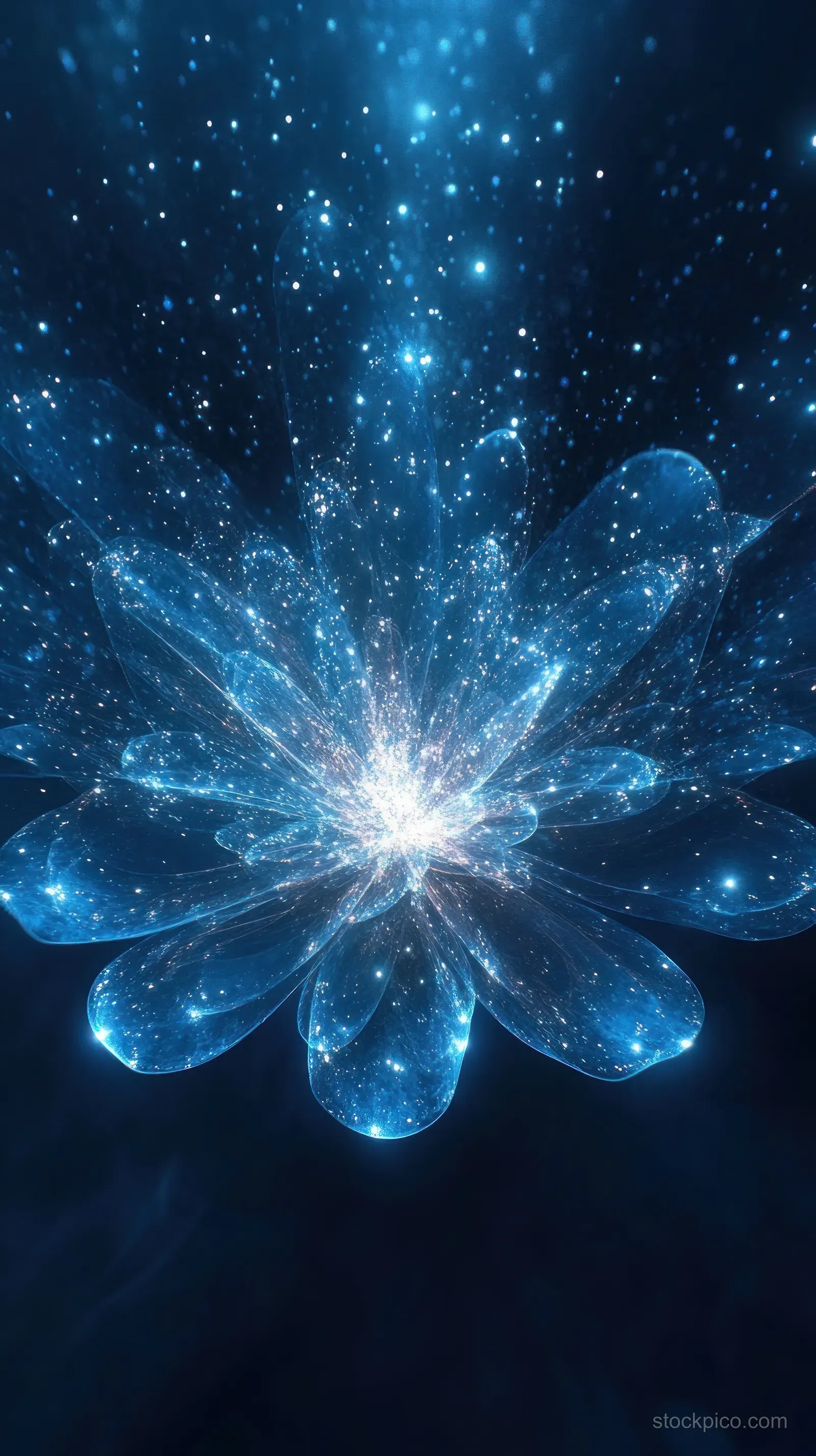 A glowing translucent blue flower blooms in a dark starry space, surrounded by radiant light rays and sparkling particles.