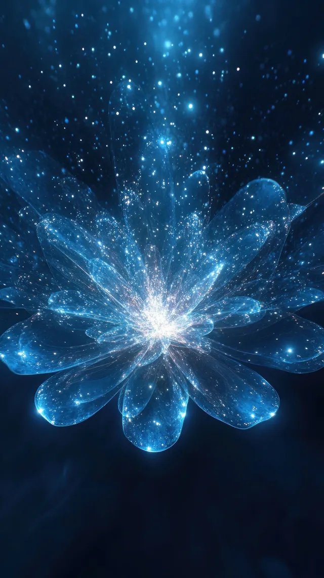 A glowing translucent blue flower blooms in a dark starry space, surrounded by radiant light rays and sparkling particles.