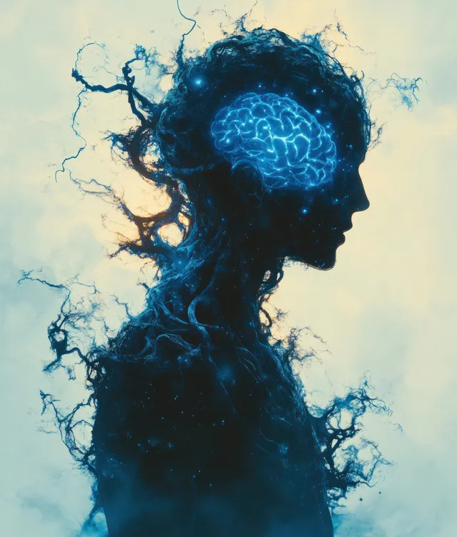 A human silhouette with a glowing blue brain and swirling neuron patterns in a sci-fi themed background.