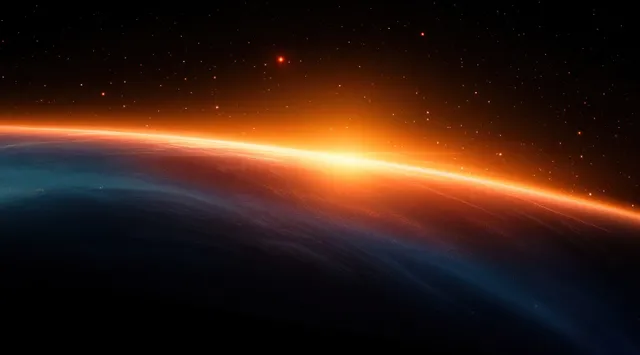 A curved planet horizon glows orange with blue atmospheric haze and soft lens flare in a starry space sky.