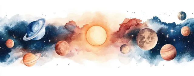 Watercolor illustration of glowing sun and planets floating across a starry outer space background.