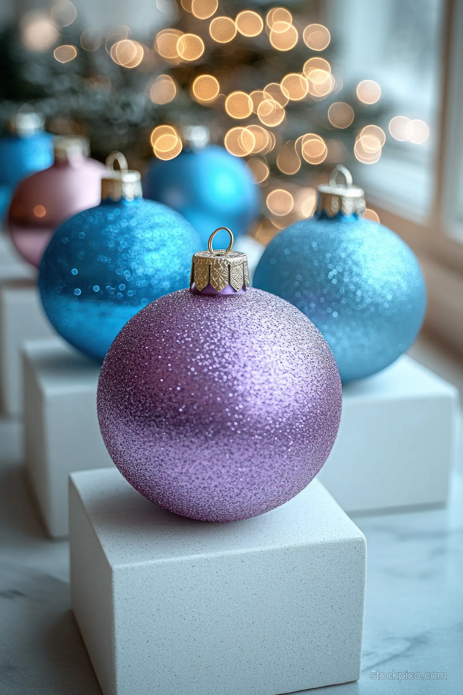 Blue and purple Christmas ornaments on white blocks with warm bokeh lights in a softly lit winter scene.