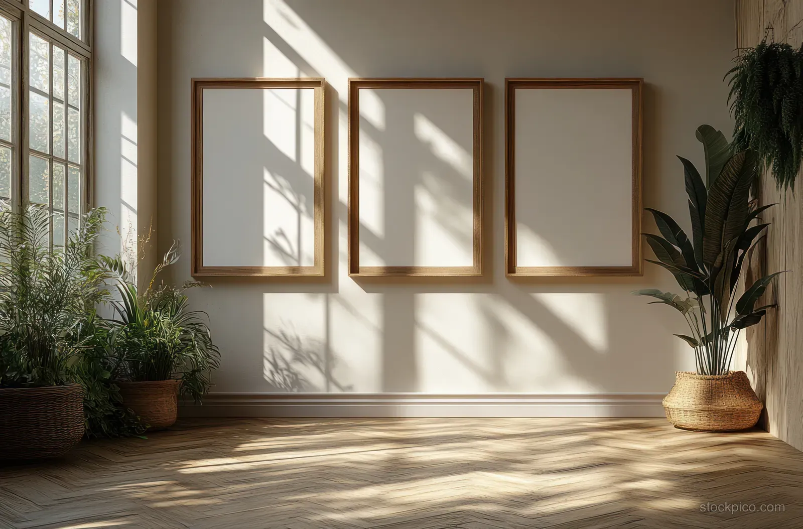 Three empty wooden frames hang on a light wall with sunlit window shadows across a wooden floor.