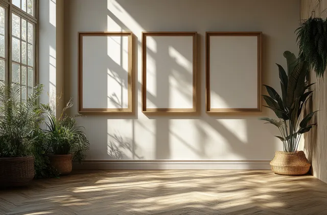 Three empty wooden frames hang on a light wall with sunlit window shadows across a wooden floor.