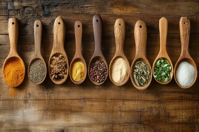 Wooden spoons filled with different spices and herbs are arranged in a row on a rustic wooden table.