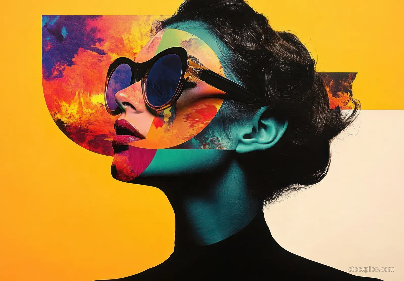 Side profile of a young woman wearing sunglasses over layered colorful collage shapes and silhouettes.