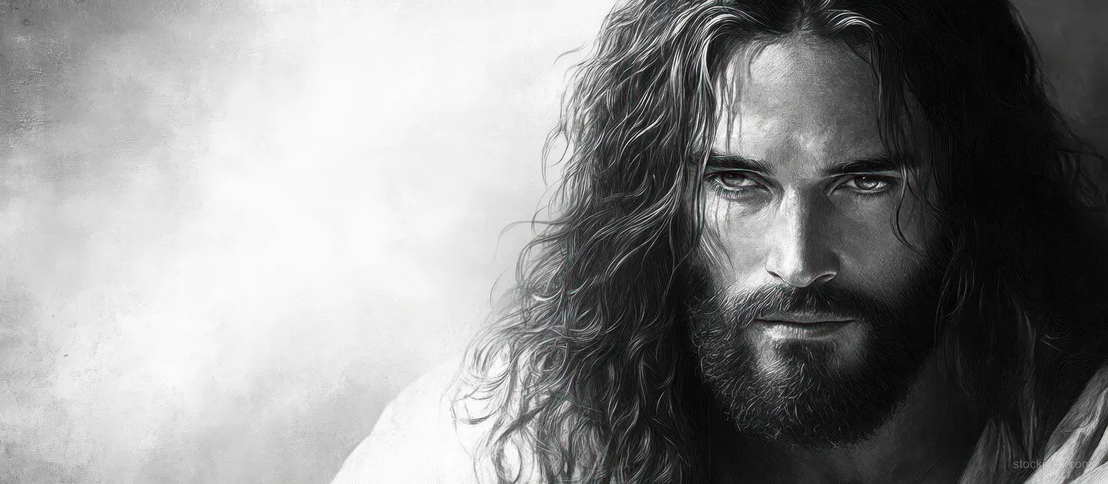 Black and white close-up portrait of a serious man with long curly hair and beard staring intensely.