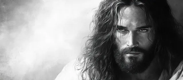 Black and white close-up of intense man with long curly hair and beard