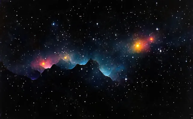 Vivid abstract cosmic landscape with twinkling stars, glowing nebula clouds, and dark mountain silhouettes under sweeping light.