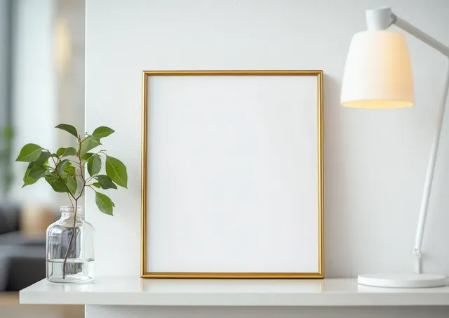 Gold picture frame centered on a white shelf beside a glass vase with green twig and a modern desk lamp.