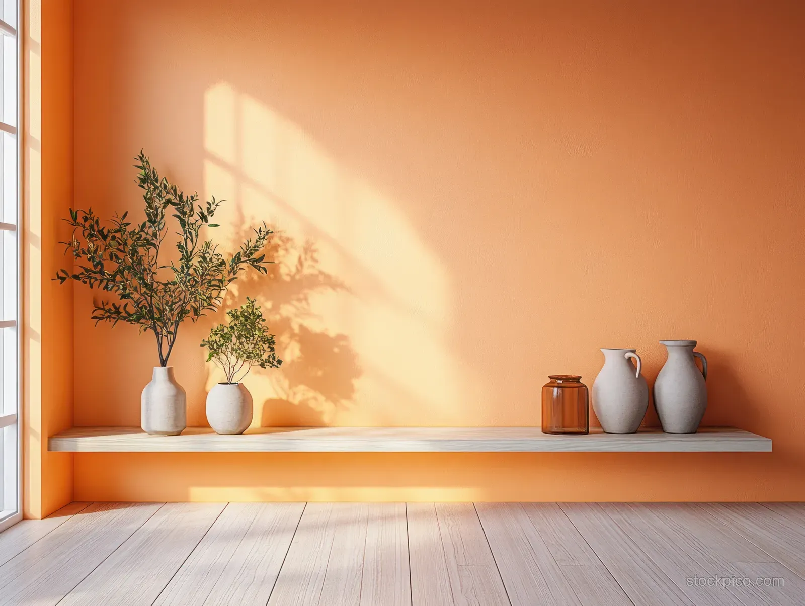 Orange wall and wooden floor in a minimalist room with ceramic vases and plant pots beneath window light.