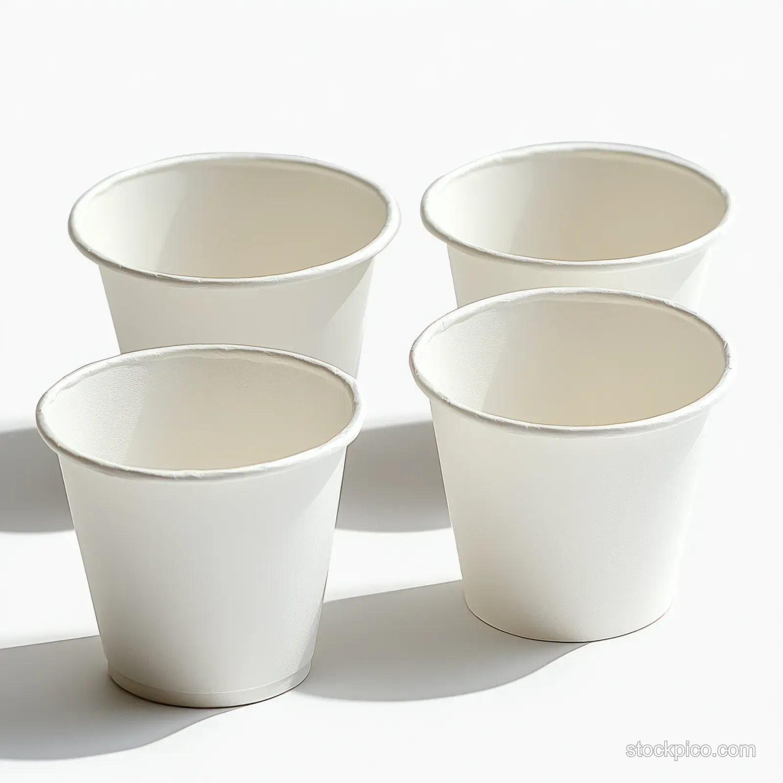 Four empty white disposable paper cups arranged on a white surface with soft shadows.