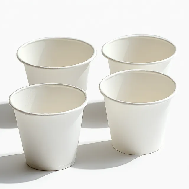 Four empty white disposable paper cups arranged on a white surface with soft shadows.