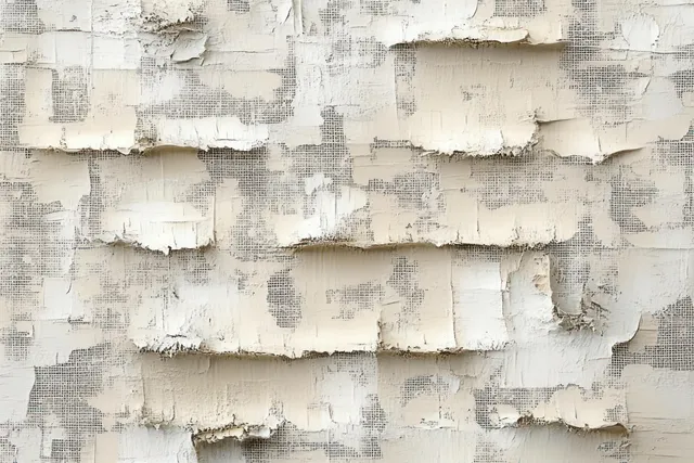 Close-up of a wall with peeling white paint, exposing rough, uneven textured layers beneath.