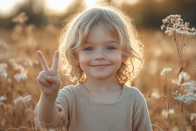 Smiling child making a peace sign outdoors in golden-hour fields with soft bokeh