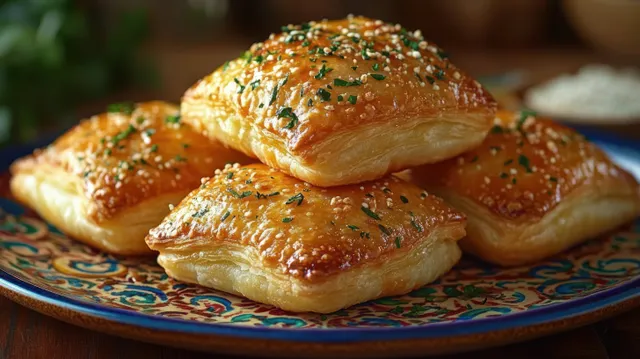 Five golden puff pastries with sesame seeds and herb flakes stacked on a decorative patterned plate.
