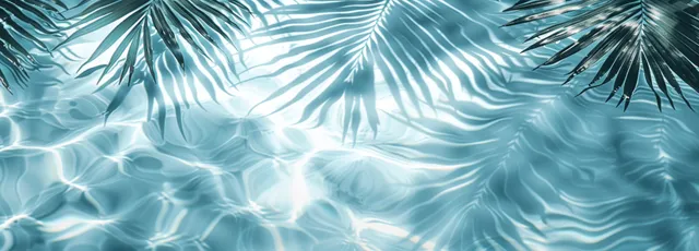 Palm frond shadows fall over rippling clear water beside white sand.