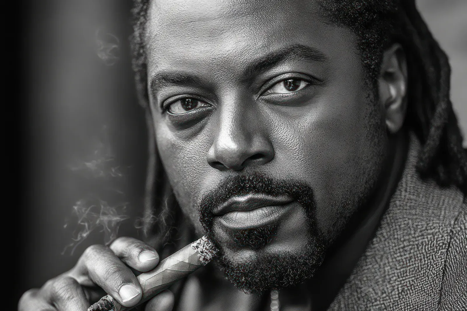 Black-and-white close-up of a serious dreadlocked man holding a cigar, with smoke curling around his fingers.