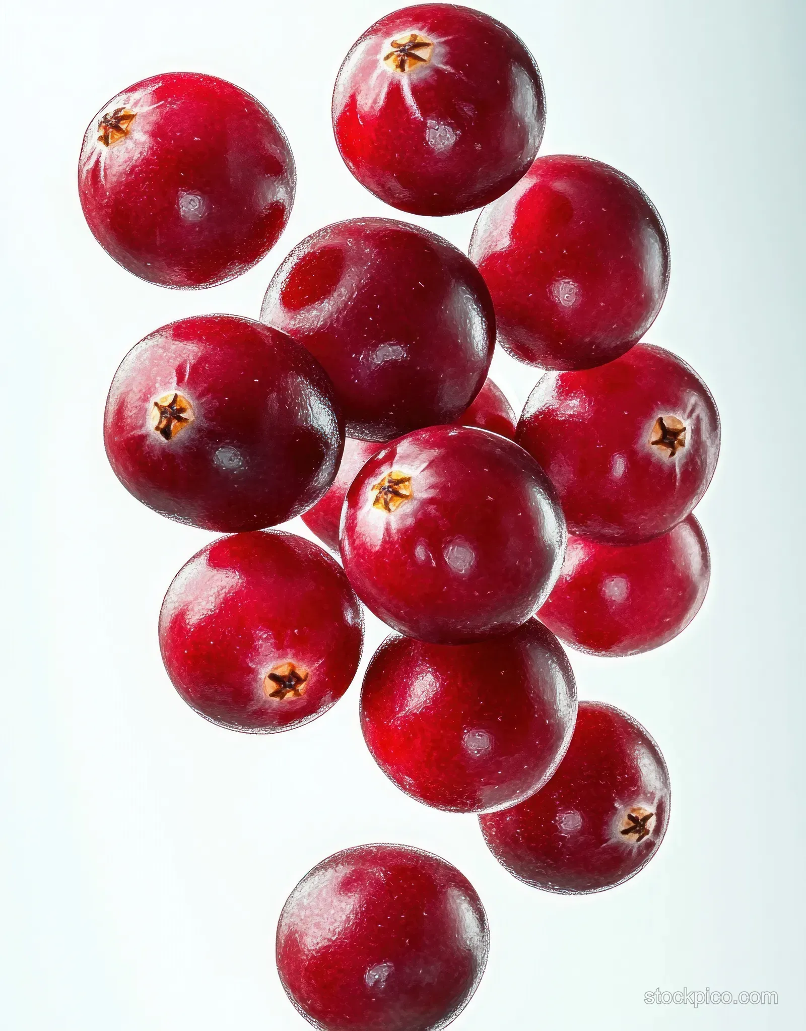 Floating cluster of fresh red cranberries with glossy texture against a clean white background.