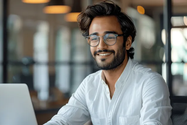 A smiling young man in a white shirt types on a laptop at an office desk while reviewing information.