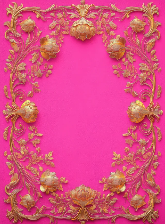 Ornate pink floral frame with golden scrollwork and petals, symmetrical invitation border
