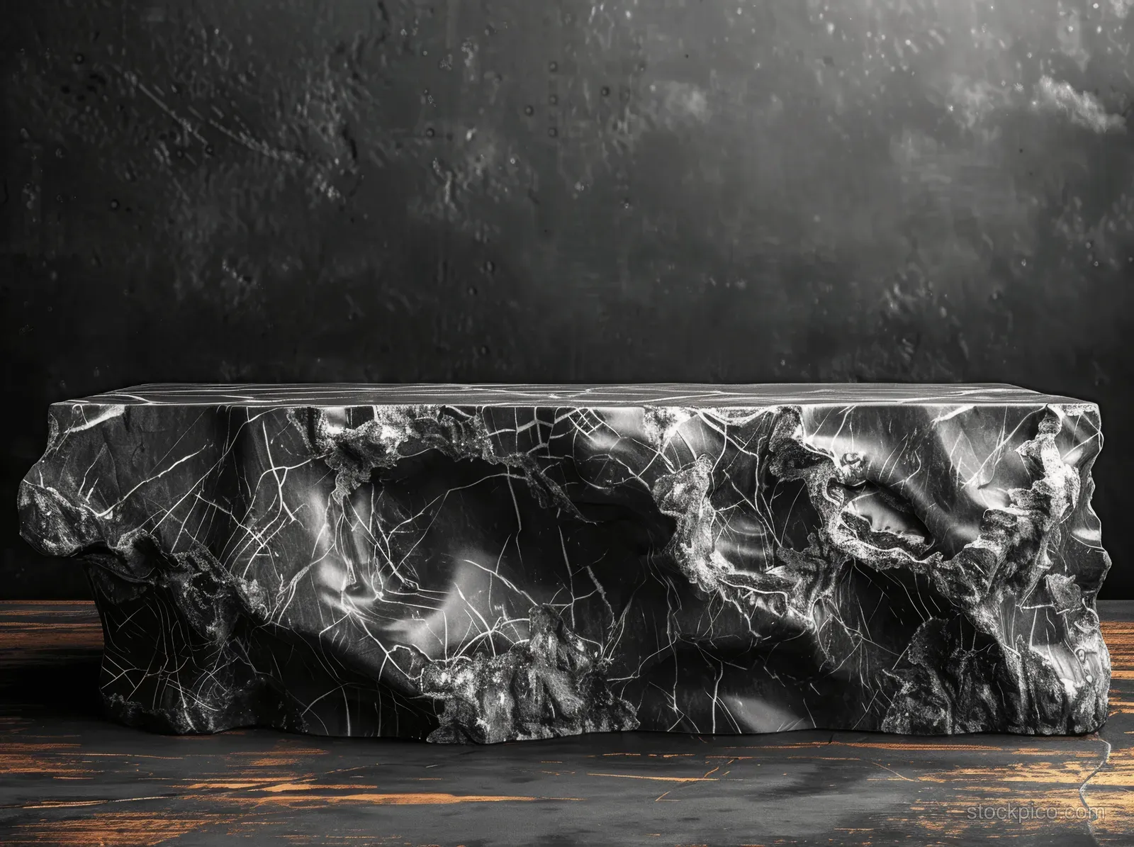 Black marble tabletop with white veins on rustic wood against a dark textured background.