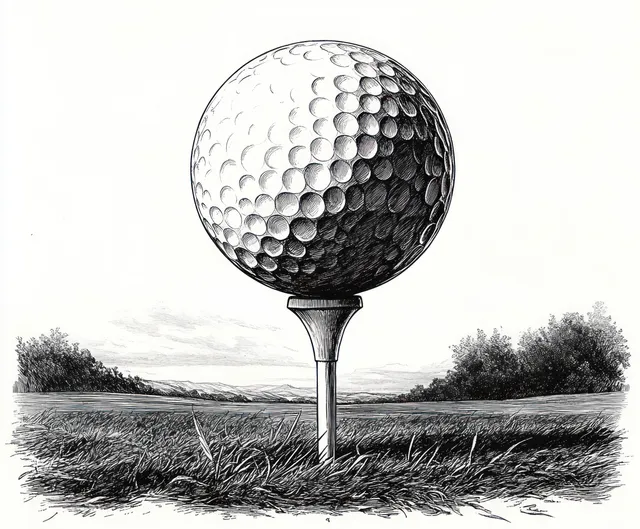 Monochrome sketch of a dimpled golf ball on a tee in grassy field with trees and hills under a cloudy sky.