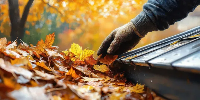 Gloved hand clearing yellow and orange autumn leaves from a metal roof gutter with blurred fall trees behind.