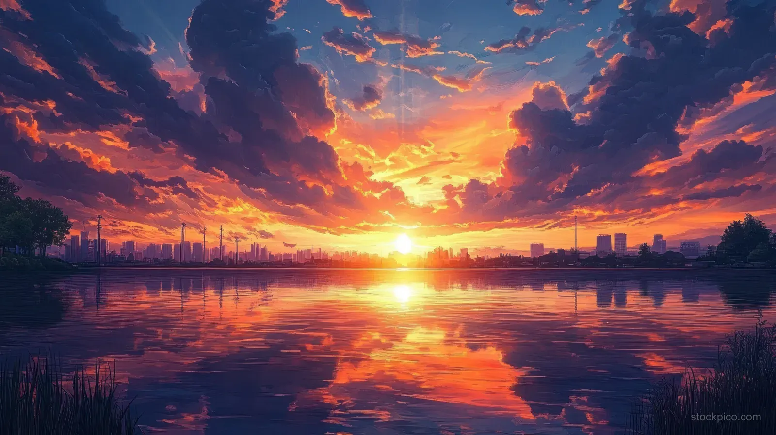 A city skyline at sunset with golden light reflecting on calm lake water beneath purple and orange clouds.