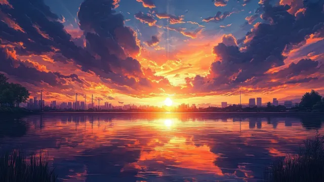 A city skyline at sunset with golden light reflecting on calm lake water beneath purple and orange clouds.