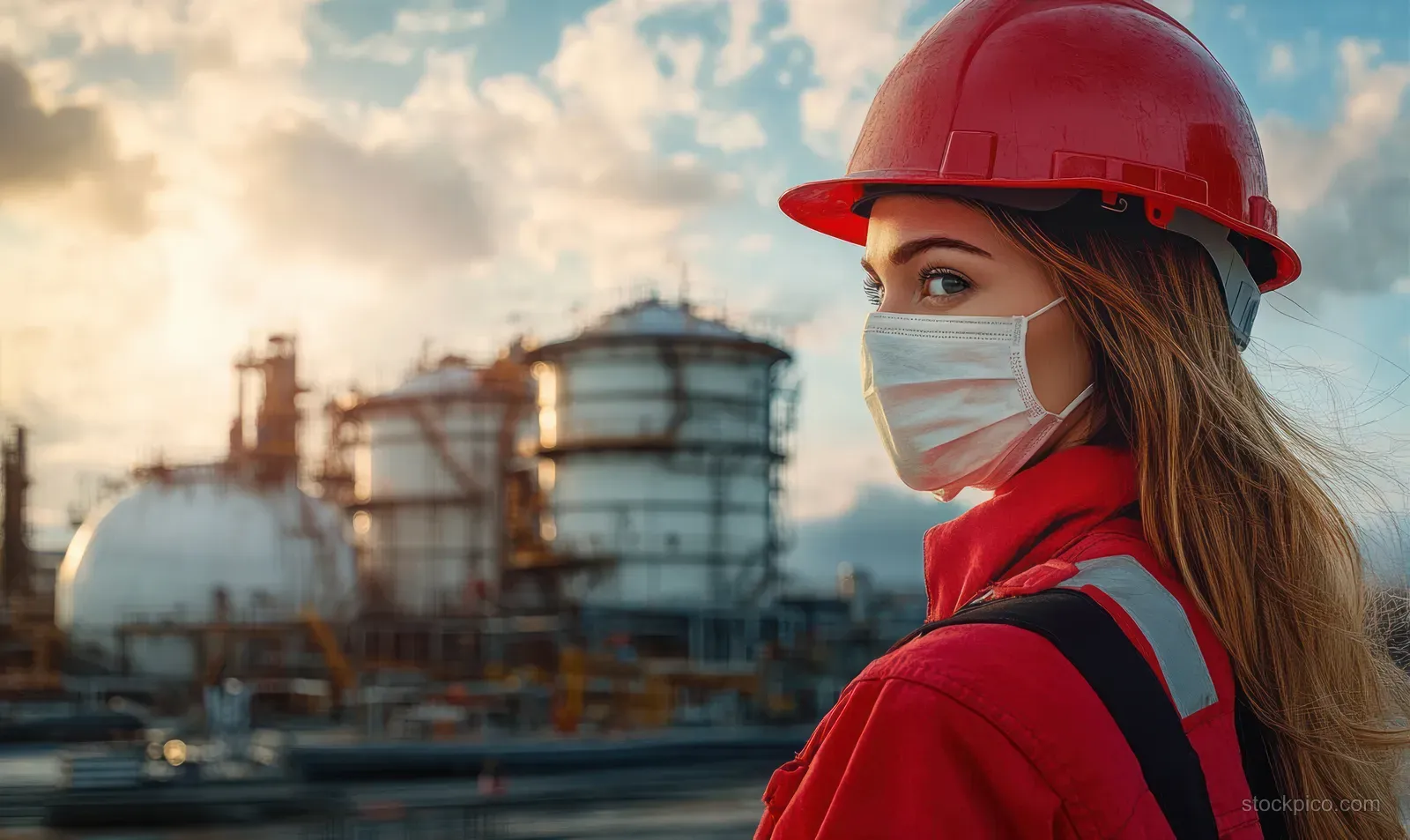 Young female refinery worker wearing a red helmet and face mask stands outdoors with oil tanks behind her at sunset.