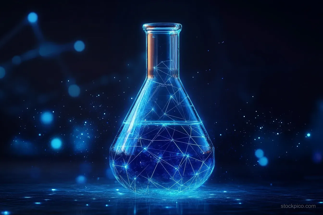 A glass laboratory flask glows with blue holographic network lines while particles drift in a dark sci-fi setting.