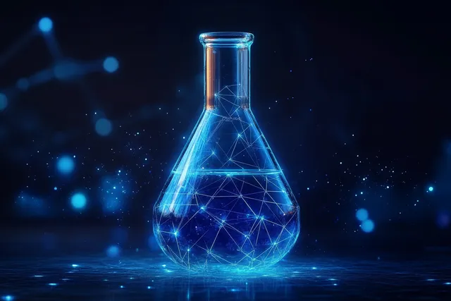 Glowing sci-fi laboratory flask with blue data network lines and floating particles
