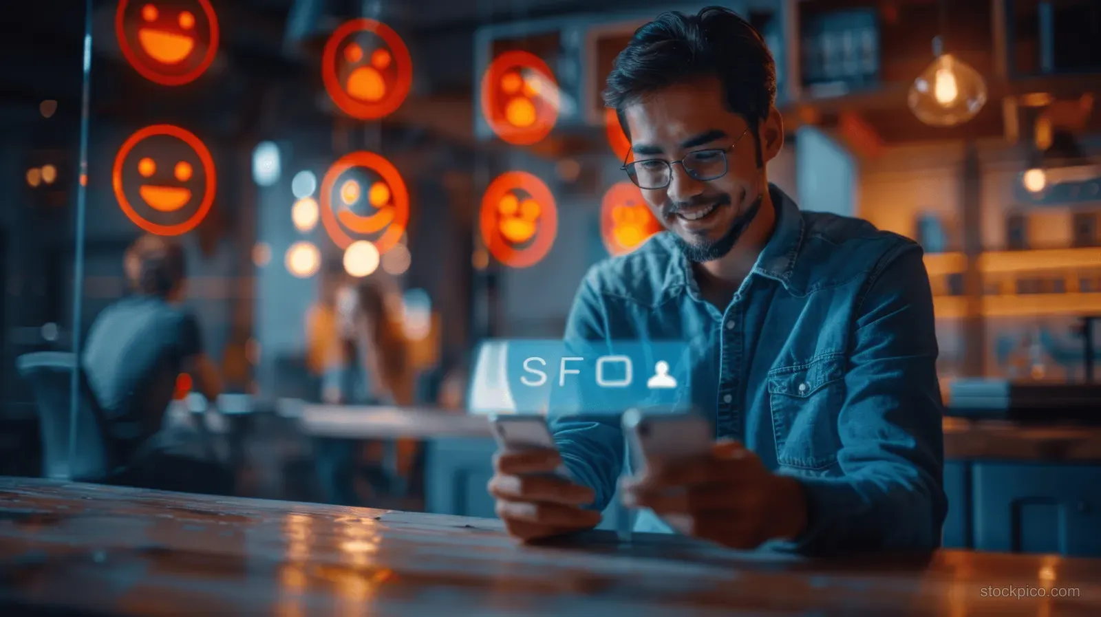 A man in an office checks service ratings on his smartphone while orange feedback icons glow in the background.