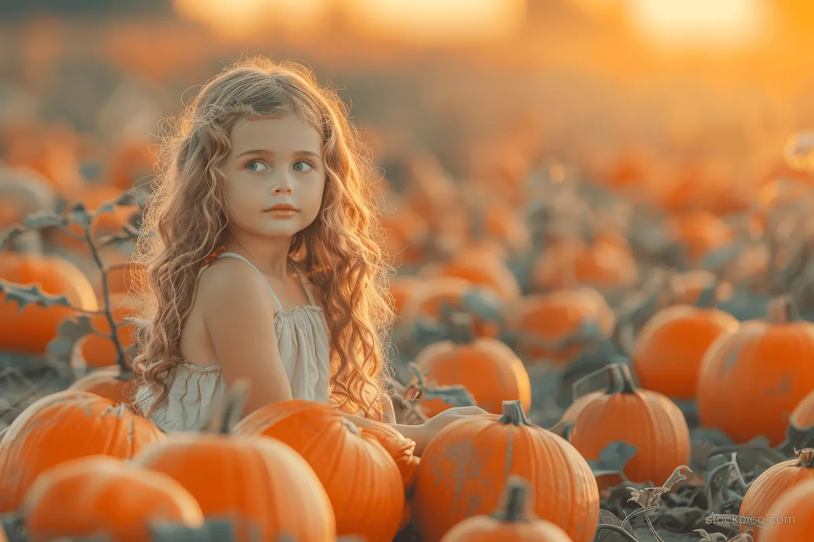 A young girl among orange pumpkins at sunset holding Halloween decorations in an autumn pumpkin patch.
