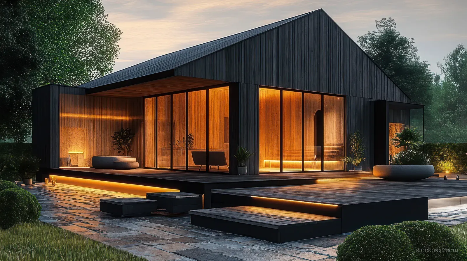 Modern single-story house with large glass windows lit from inside, showing a stone patio and surrounding greenery at dusk.