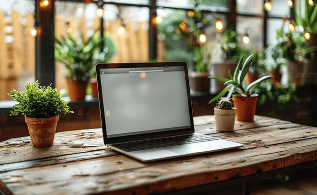 Open laptop with blank white screen sits on a wooden café table with potted plants behind it.