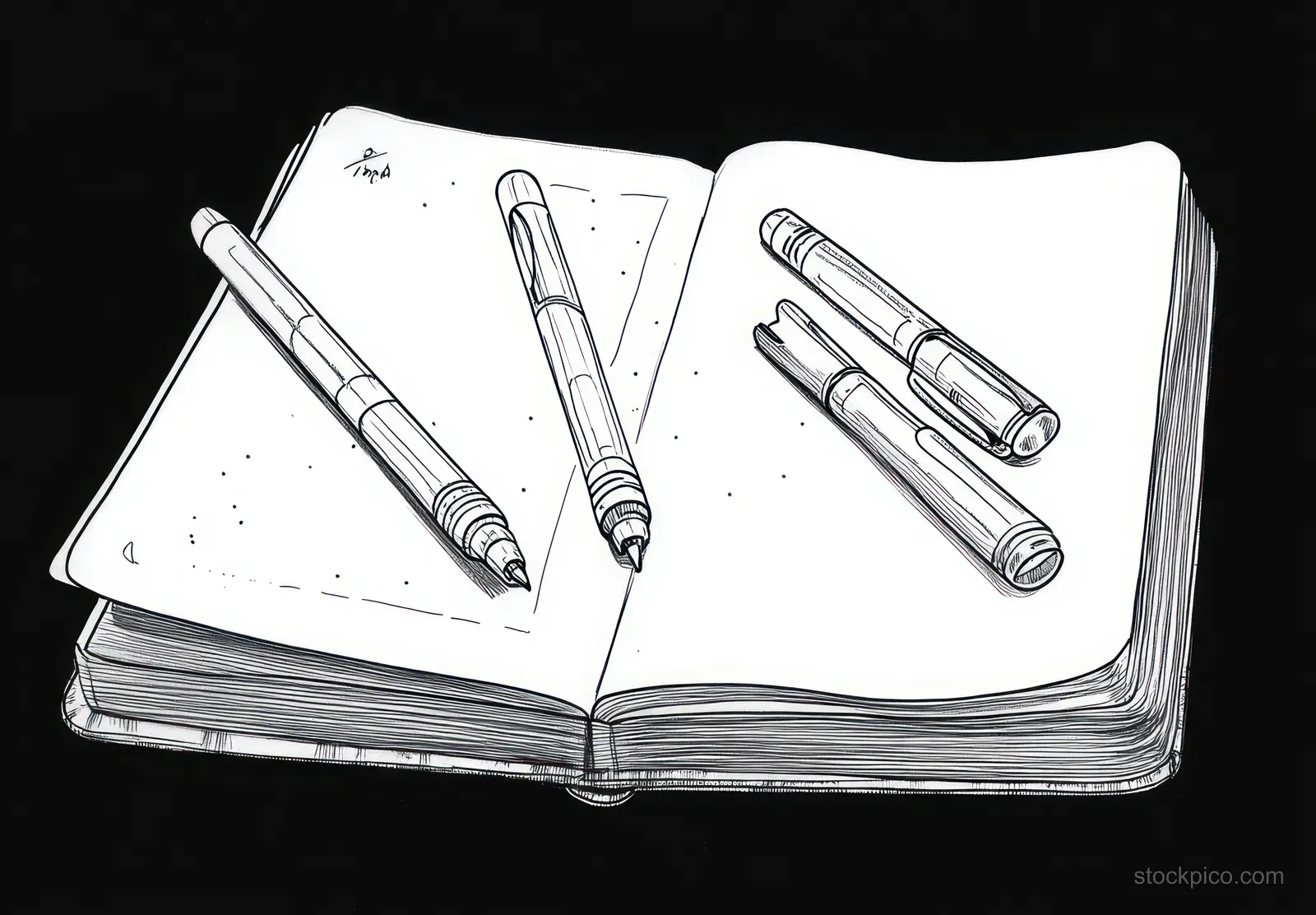Black and white open notebook sketch with four pens resting across its pages on a dark background.