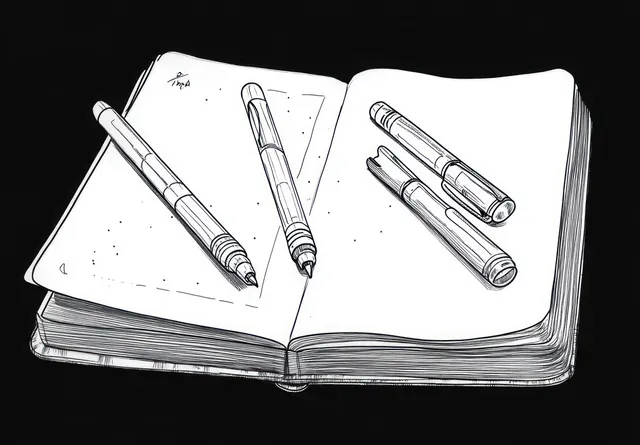 Black and white sketch of open notebook with four pens on dark background