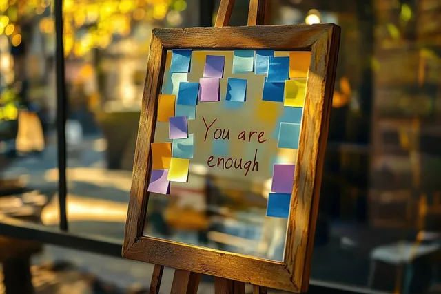 A wooden-framed mirror on an easel with colorful sticky notes reading “You are enough” in warm autumn sunlight.