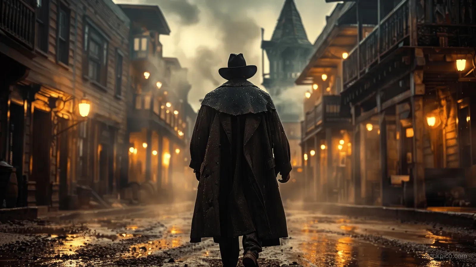 A cowboy in a long overcoat and hat walks away down a dusty Wild West street under warm lantern light.