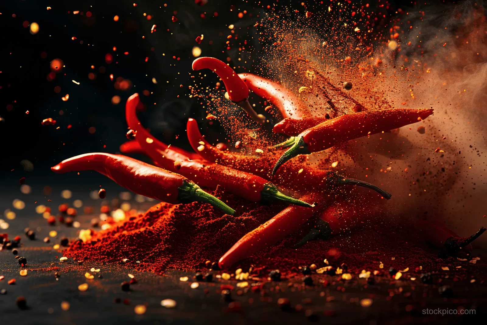 Red chili peppers explode with chili powder and seeds scattering across a dark background.
