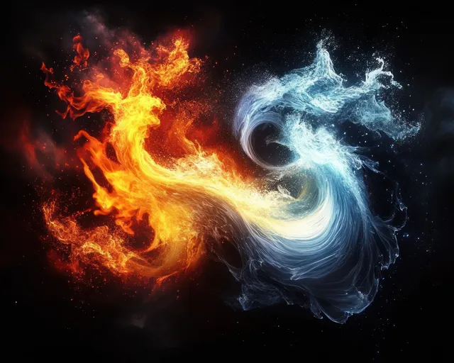 Split image of fire flames, watery blue vapor, wind-like smoke, and dark earth textures with dramatic backlight.