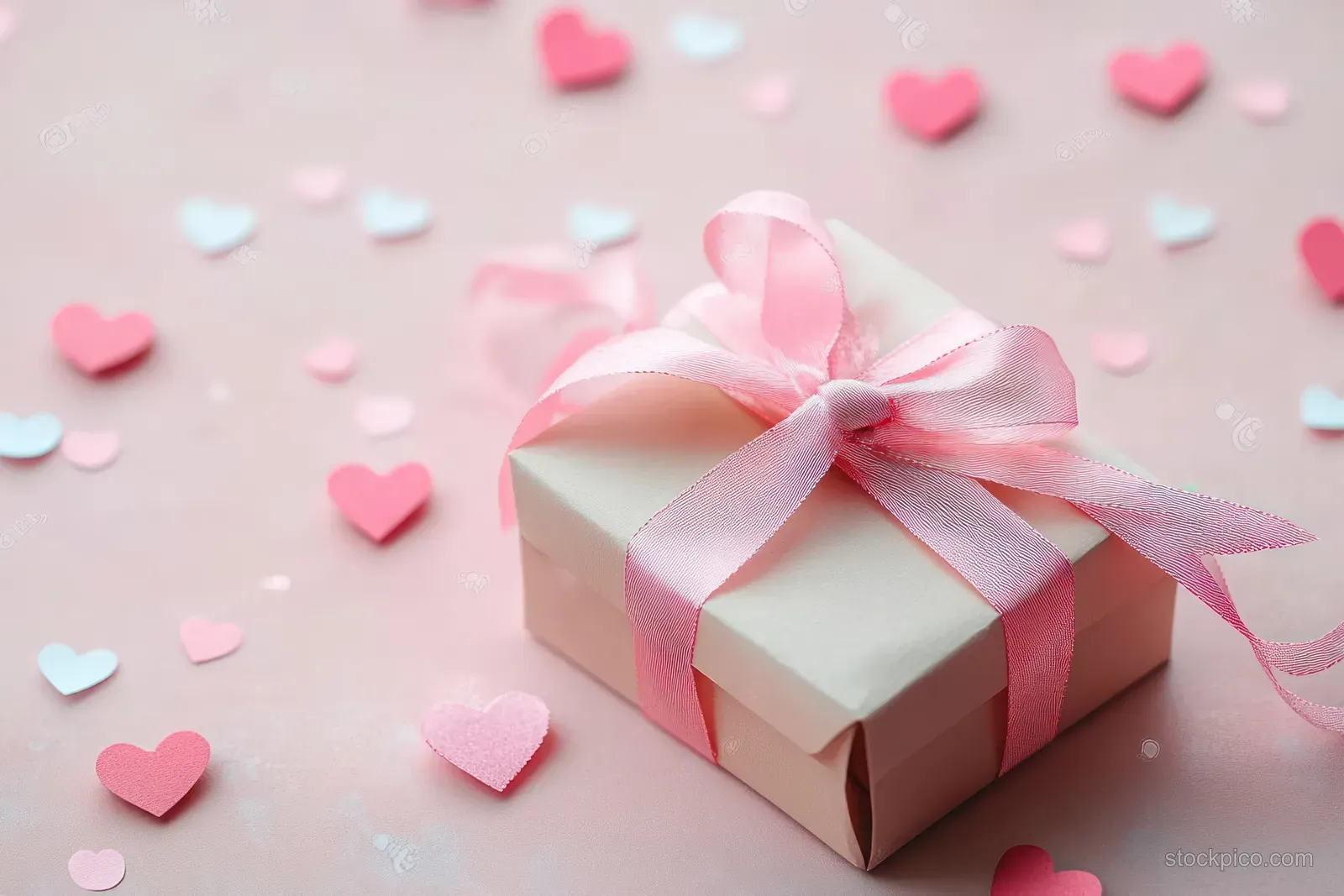 A pink ribbon heart-themed gift box rests on a pastel background with scattered small hearts.